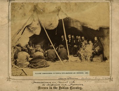 U.S. Army Commissioners in Council with Arapahoes and Cheyennes. Fort Laramie, Wyoming. Gen. William S. Harney and William T. Sherman by Alexander Gardner